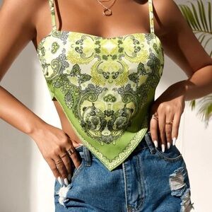 SHEIN Green and Yellow Asymmetrical Tie Front Camisole